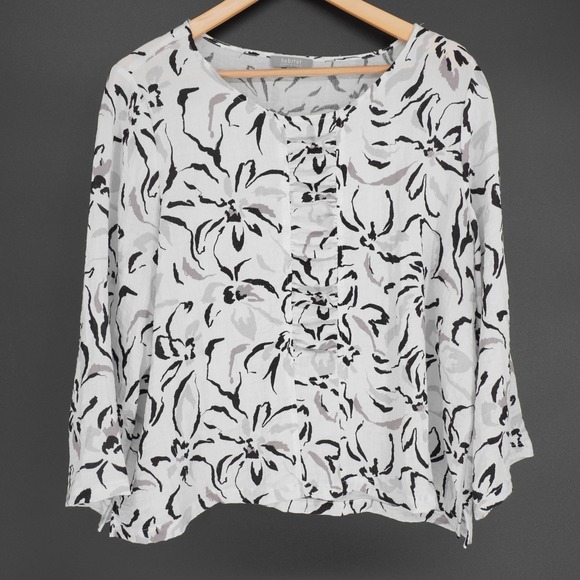 Habitat Tops - Habitat Blouse Womens L White Scoop Neck 3/4 Sleeve Floral Pleated Tunic